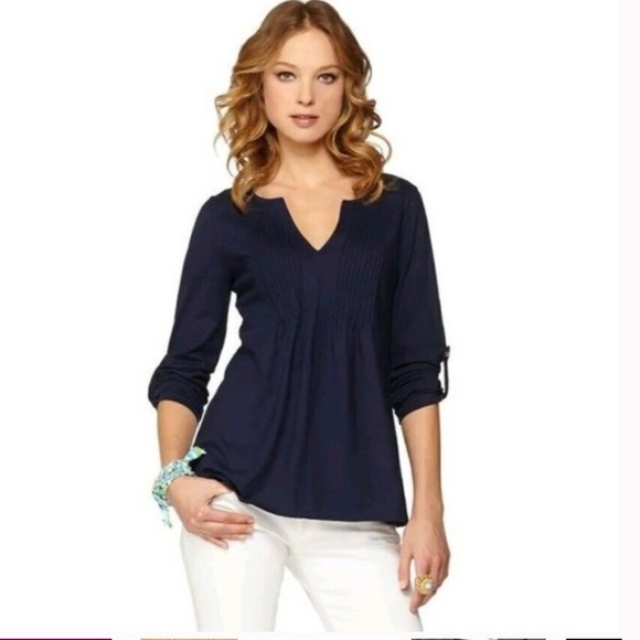 NWT Lilly Pulitzer Braylen Top Pleated Tunic Blouse True Navy Medium - Picture 8 of 8